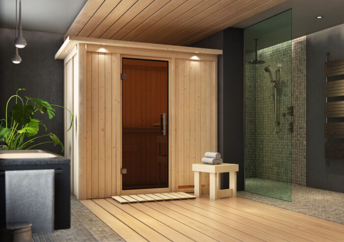 Sauna "Variado" met grafietkleurige deur en dakkraag - Afbeelding 12